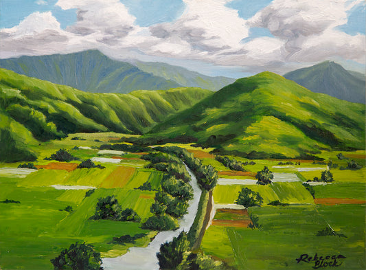 Painting of a lush green Hanalei Valley landscape with rolling hills and a river on Kaua'i, Hawai'i