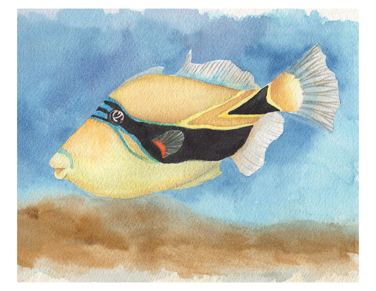 Illustration of a fish on a blue and brown gradient ocean floor background