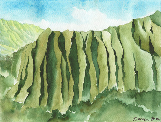 Watercolor painting of a green Ko'olau mountain landscape with a blue sky.
