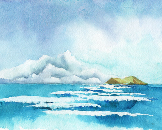 Watercolor painting of an island with clouds and water