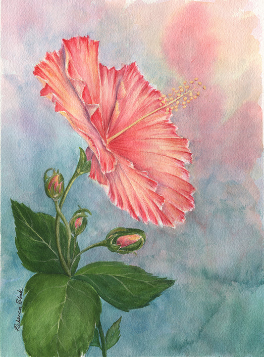 Watercolor painting of a pink hibiscus flower with green leaves on a soft pastel background