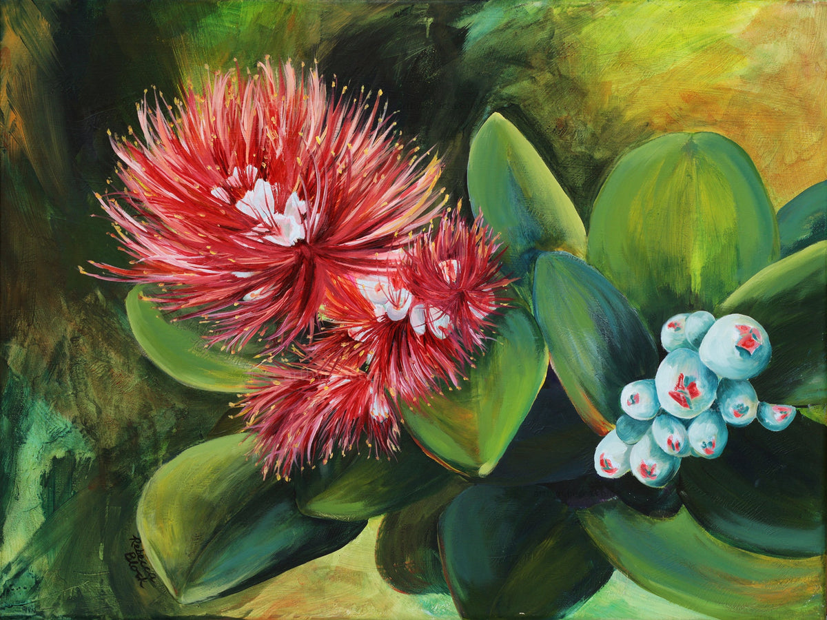 Painting of red ohi'a flowers and green leaves with a focus on nature.