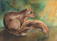 Watercolor painting of a squirrel on a textured background