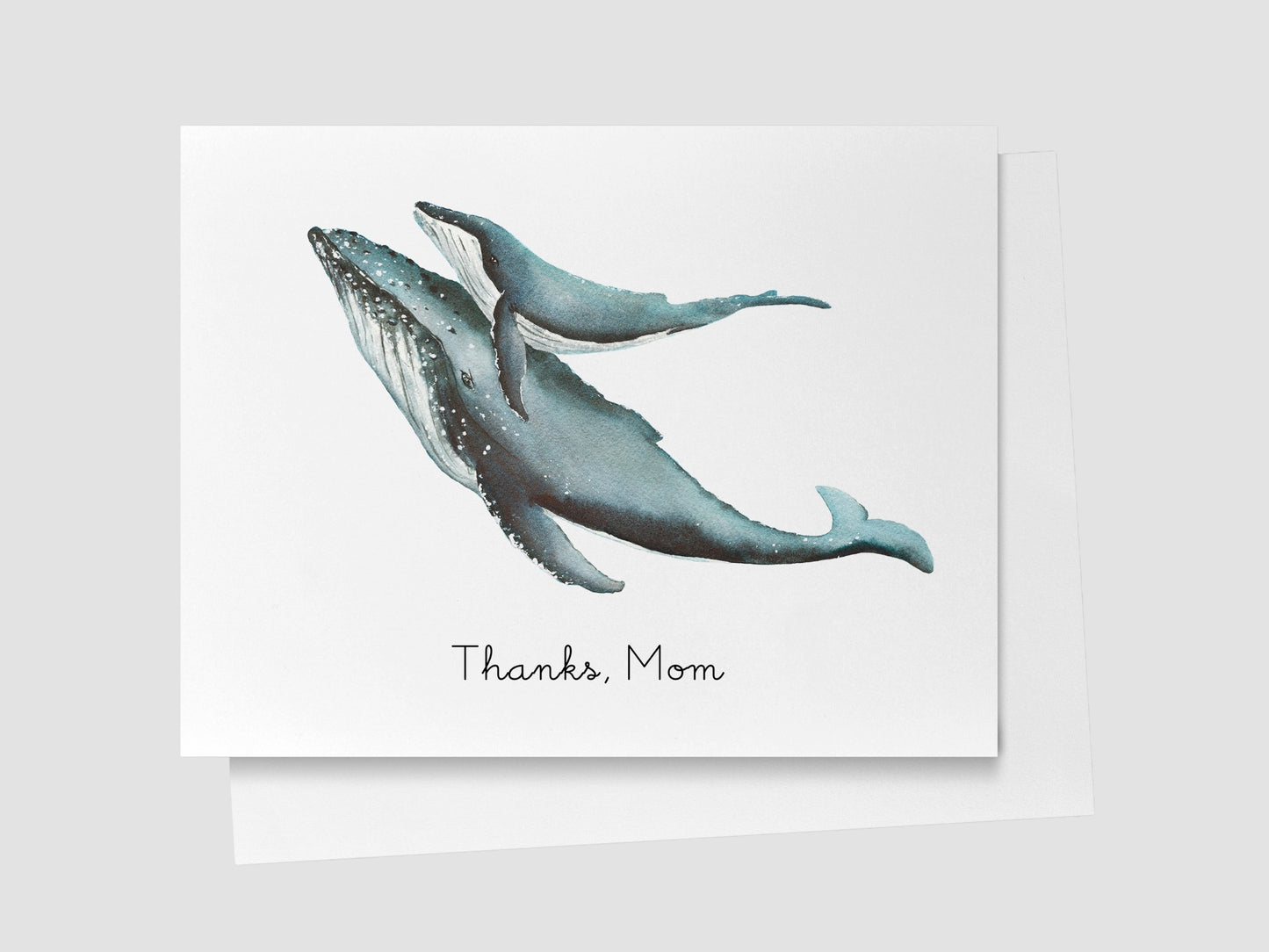 Card with two humpback whales and 'Thanks, Mom' text on a white background