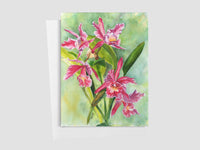 Card with pink orchid illustration on a light green background
