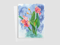 Greeting card with watercolor illustration of pink flowers on a blue and green background