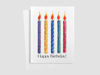 Greeting card with colorful candles and 'Happy Birthday!' text on a white background
