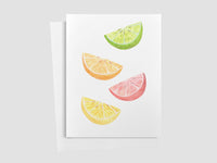 Card with watercolor illustrations of lemon, lime, and grapefruit slices on a white background