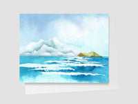 Watercolor painting of an island with blue ocean and white clouds on a light gray background