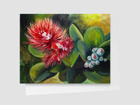 Painting of red ohi'a flowers and green leaves on a white background