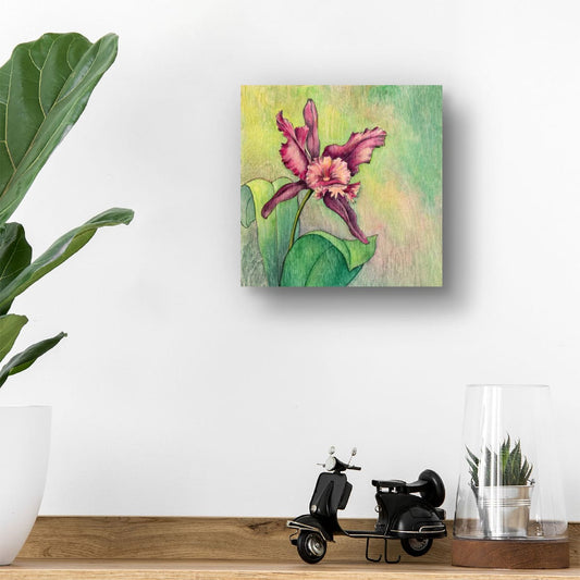 "Single Pink Orchid" (Watercolor on Wood)