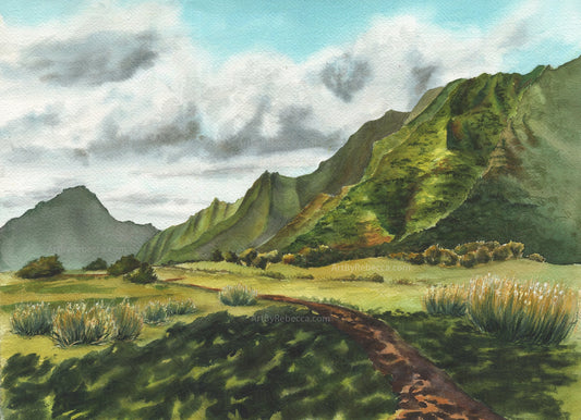 "Through the Valley Light" 11x14 Original Watercolor Painting on Paper - Hawai'i Landscape Art of Kualoa Ranch