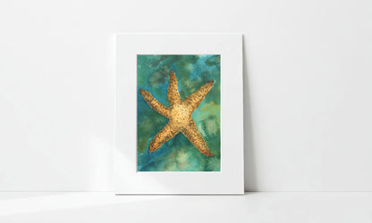 Matted artwork of a starfish on a teal and green abstract background