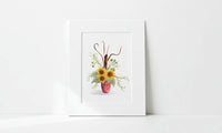 Matted artwork of a floral arrangement with sunflowers on a white background