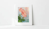 Matted artwork of a pink hibiscus flower with green leaves on a white background