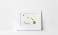 Matted artwork with 'Hawaii' text and map design on a white background