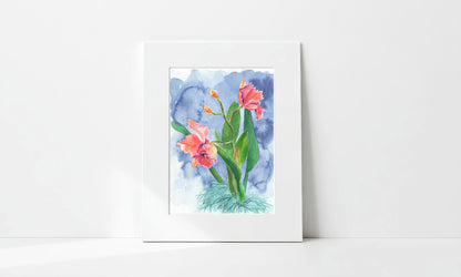 Matted watercolor painting of flowers on a white wall