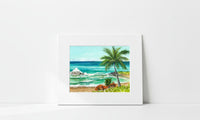 Matted artwork of a tropical beach scene with a palm tree on a white background