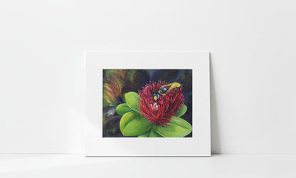 Matted artwork of a flower with a native Hawai'ian bee on a white background