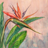 Colorful illustration of a tropical bird of paradise flower with green leaves on a textured background