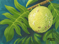 Painting of a green ulu breadfruit with leaves on a blue background