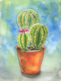 Watercolor painting of a potted cactus with a colorful background