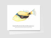 Card with a colorful Hawai'i state fish illustration and text on a white background