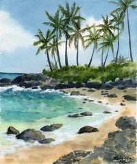 Tropical Hawai'i beach scene with palm trees, rocks, and green sea turtles near the water's edge.