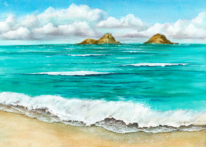 Watercolor painting of a tropical beach scene with turquoise ocean waves washing onto sandy shore, two small rocky islands in the distance, and a blue sky with white clouds.