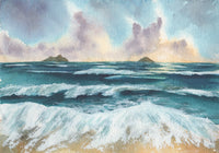 Painting of a Hawai'i coastal scene with waves, sky, and islands.
