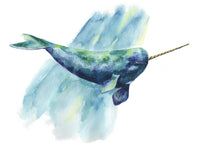 Watercolor illustration of a narwhal with a unicorn-like tusk on a white background