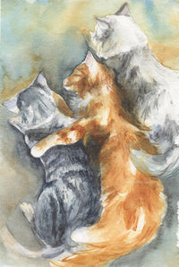 Watercolor painting of three cats in a close group on a textured background