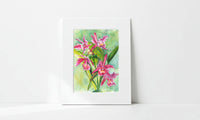 Matted artwork of pink orchid flowers on a white background