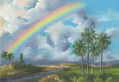 Painting of a rainbow over palm trees and a tropical Hawai'i landscape