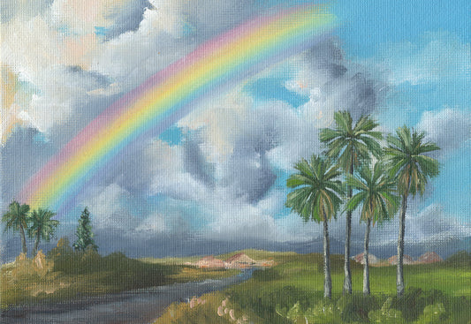 Painting of a rainbow over palm trees and a tropical Hawai'i landscape