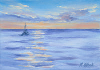 Painting of a ship on the ocean with a sunset sky