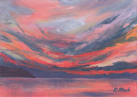Painting of a Haleiwa, Hawai'i sunset over water with swirling colors