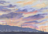 Painting of a Hawai'ian sunset over water with boats and mountains.