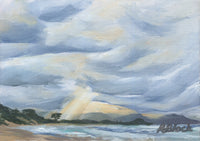 Painting of a Hawai'i landscape with clouds and a mountain, signed by Rebecca Block.