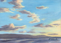 Painting of a Hawai'i landscape with clouds and mountains, signed 'R. Block'.