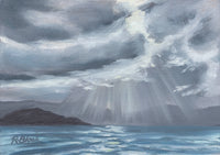 Artistic depiction of a Hawai'imountain landscape with sunlight piercing through clouds