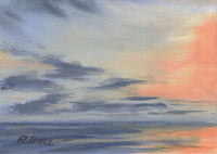 Abstract painting of a sunset with blue, orange, and gray hues.