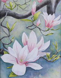Painting of pink and white magnolia blossom flowers with green leaves on a blue background