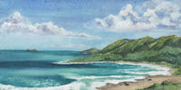 Scenic painting of a tropical Hawai'i coastal landscape with green hills, blue sea, and white clouds.