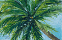 Artistic depiction of a tropical palm tree with green leaves on a blue background
